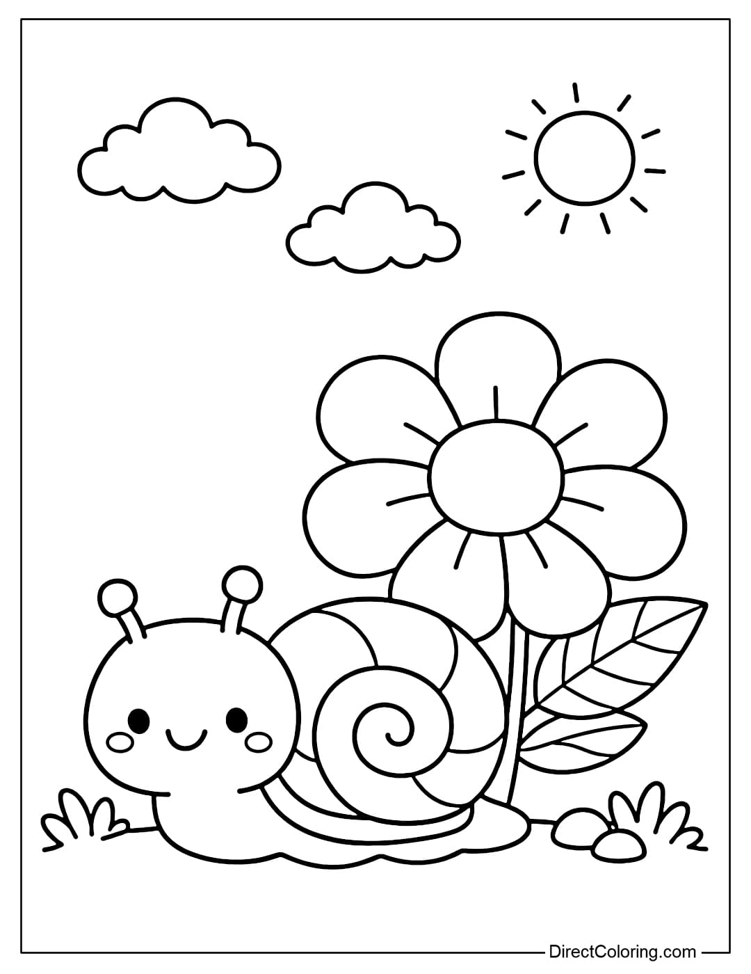 A simple snail crawling next to a large flower.