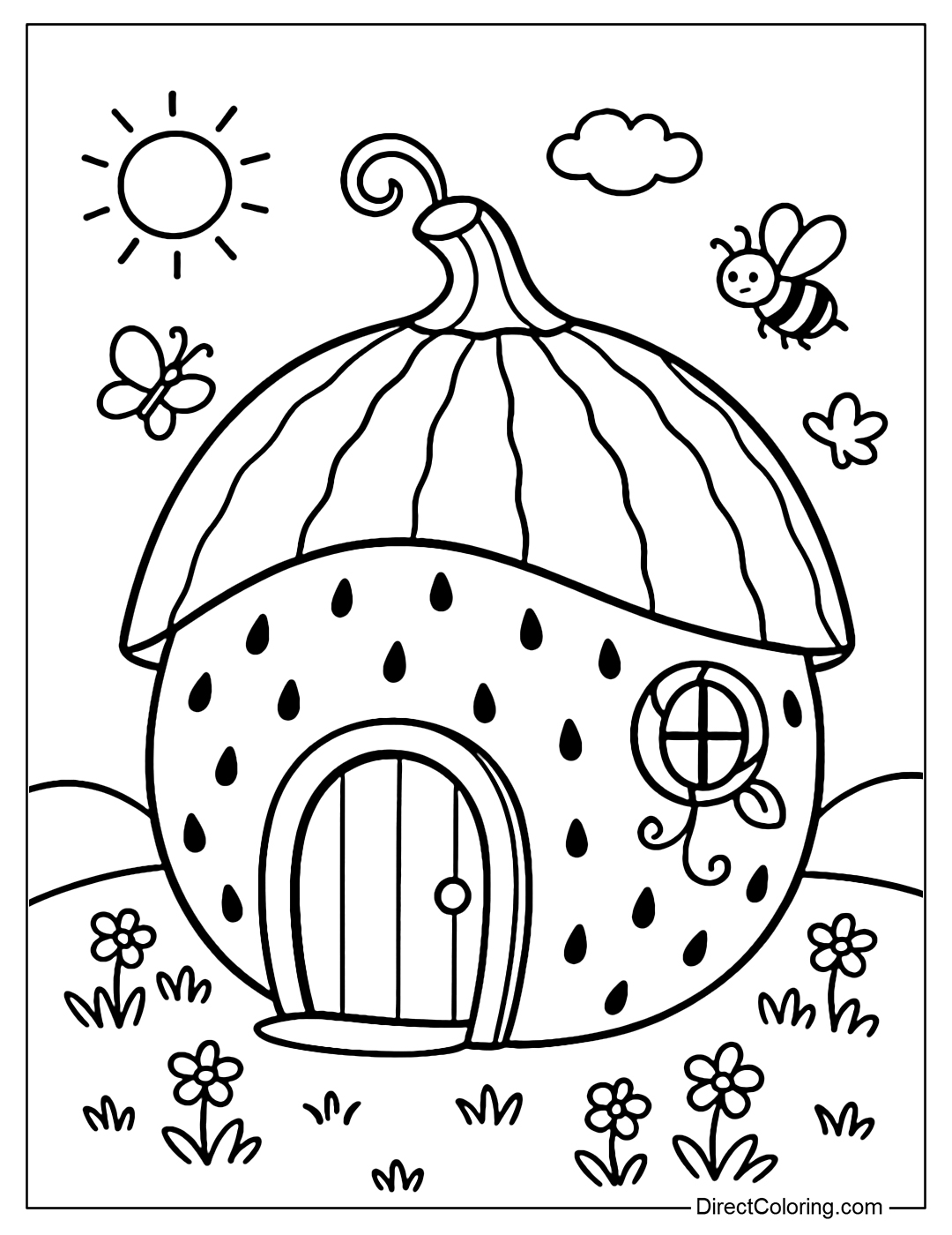 Round house coloring page like a watermelon, green striped shell as roof, red stem with seeds.
