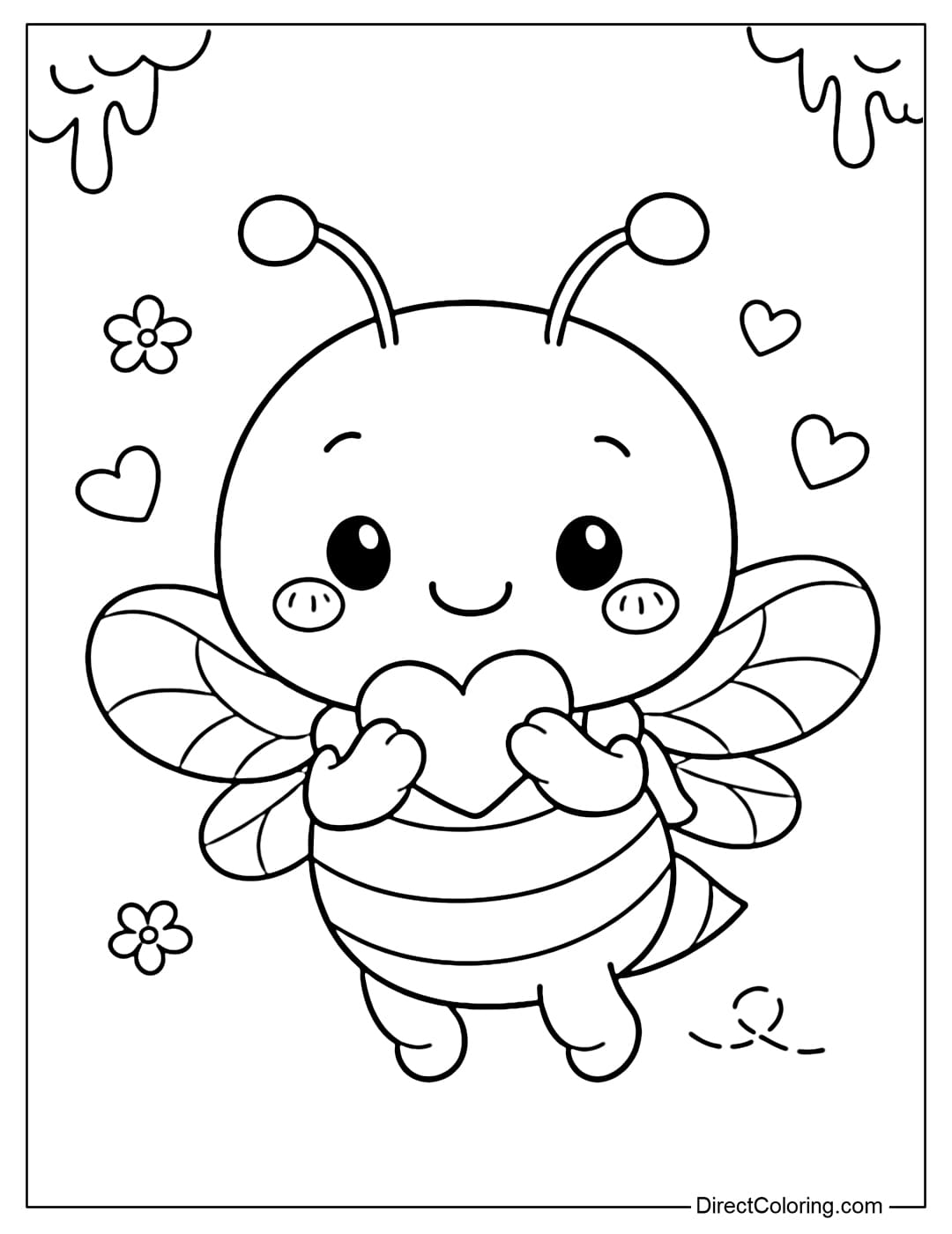A coloring page featuring a cute bee holding a small heart, expressing sweetness.