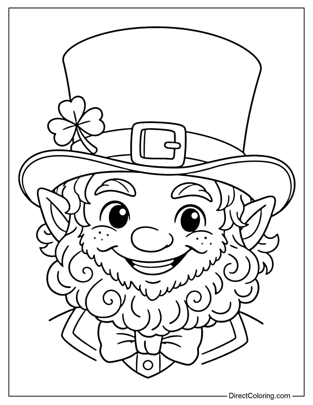 A close-up portrait of a Leprechaun, wearing a tall hat, with a curly red beard and a mischievous smile.