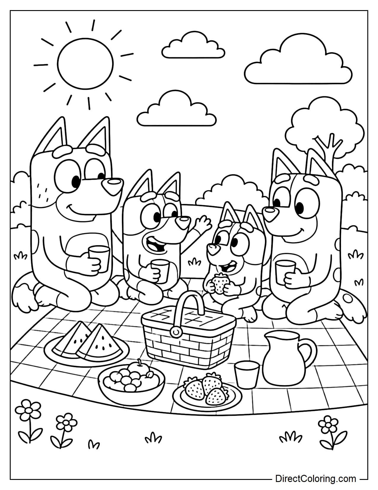Bluey and her family are having a summer picnic, with a food basket, a mat, and some snacks, above them a sunny sky with clouds.