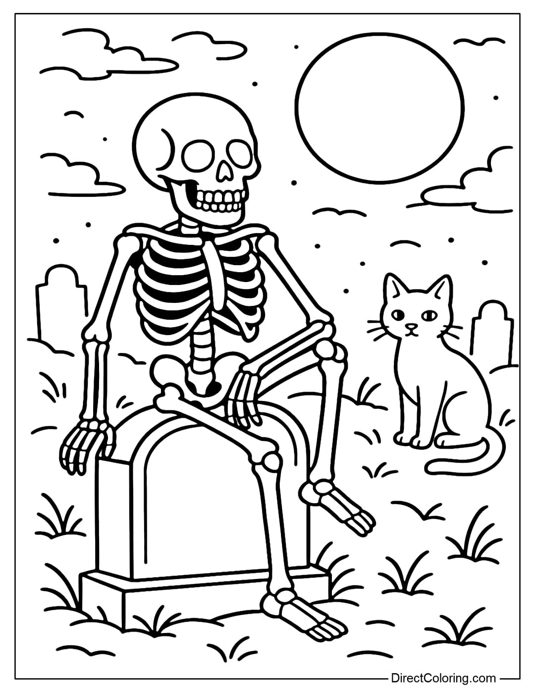 Coloring page of a skeleton sitting on a tombstone in a cemetery, with a black cat next to it, and a hazy full moon in the sky.