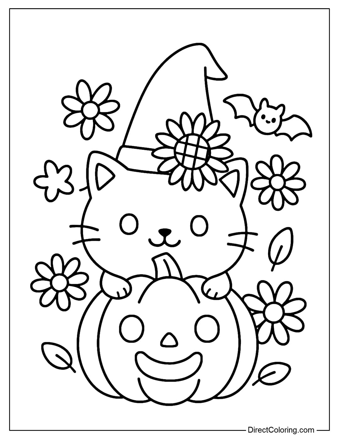 A cute Halloween pumpkin coloring page with a cat wearing a witch hat decorated with sunflowers behind it, surrounded by daisies and small bats.