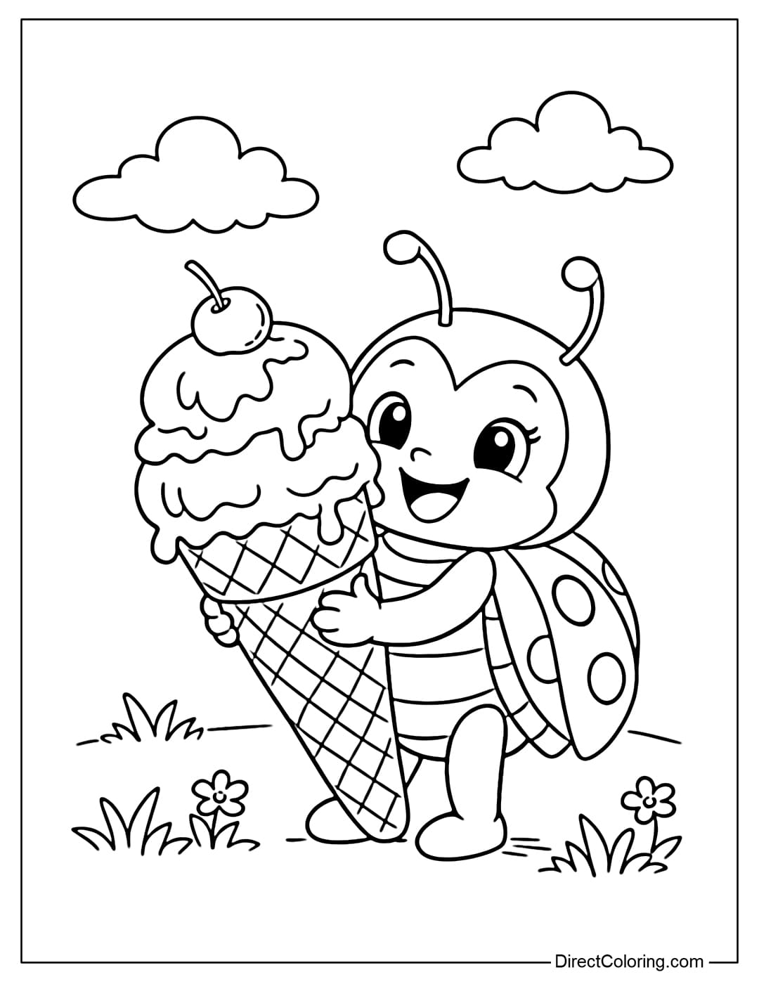 A coloring page of a ladybug holding a large ice cream cone, with a happy expression, in a background of clouds and grass.