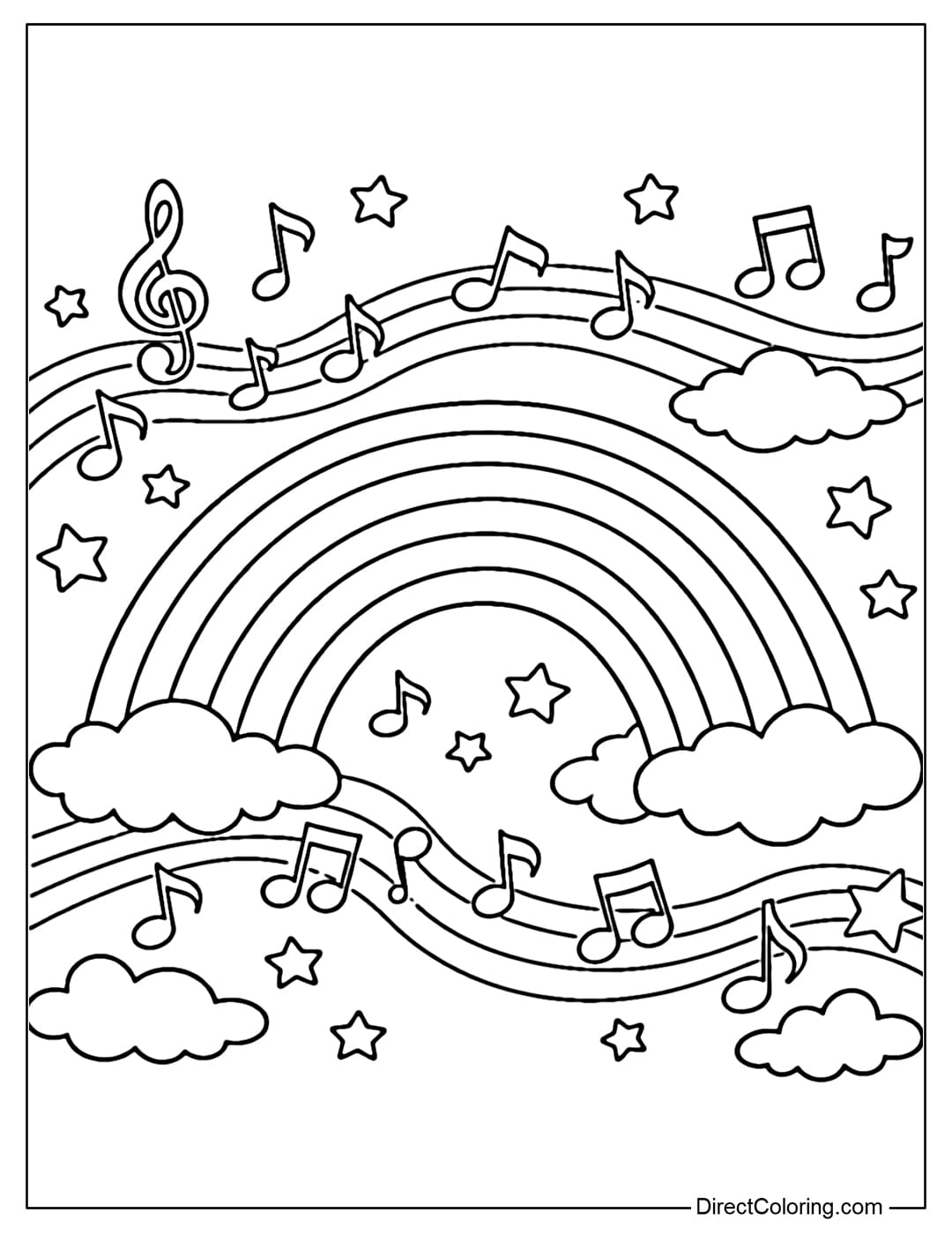 A coloring page with a large rainbow in the sky, surrounded by floating music notes.