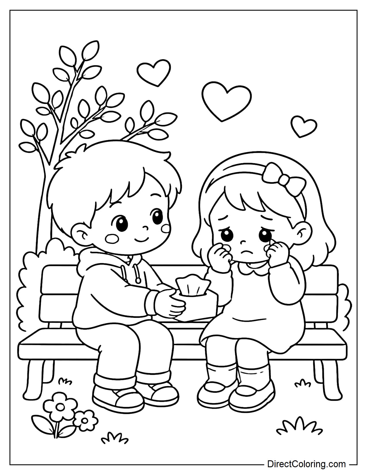A little friend is sitting next to and giving a tissue to a sad friend on a park bench, with a small tree and some hearts in the background.