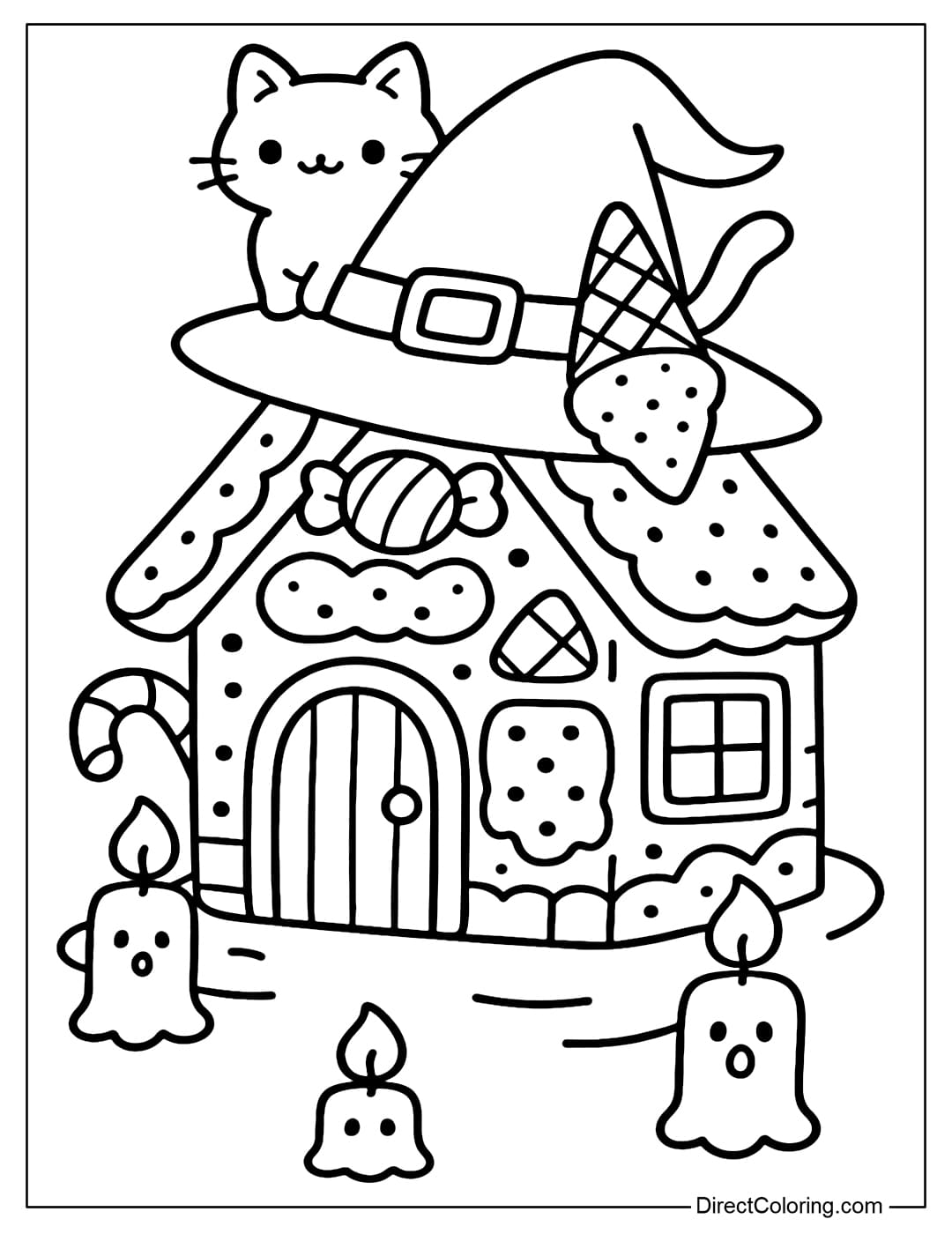 Coloring page of a witch's house made of cookies, candy and chocolate, cats sitting on the roof, ghost candy candles glowing around the porch.