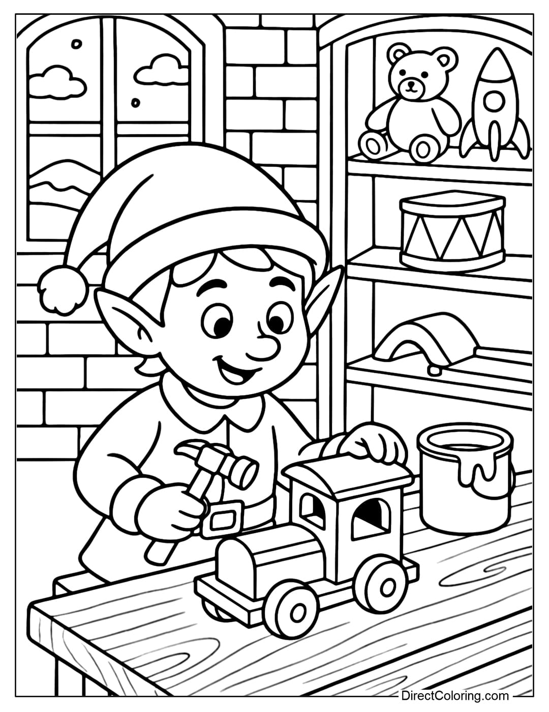 Elf building a wooden toy train coloring page, with wheels, a small hammer and a bottle of paint, Santa's workshop in the background.