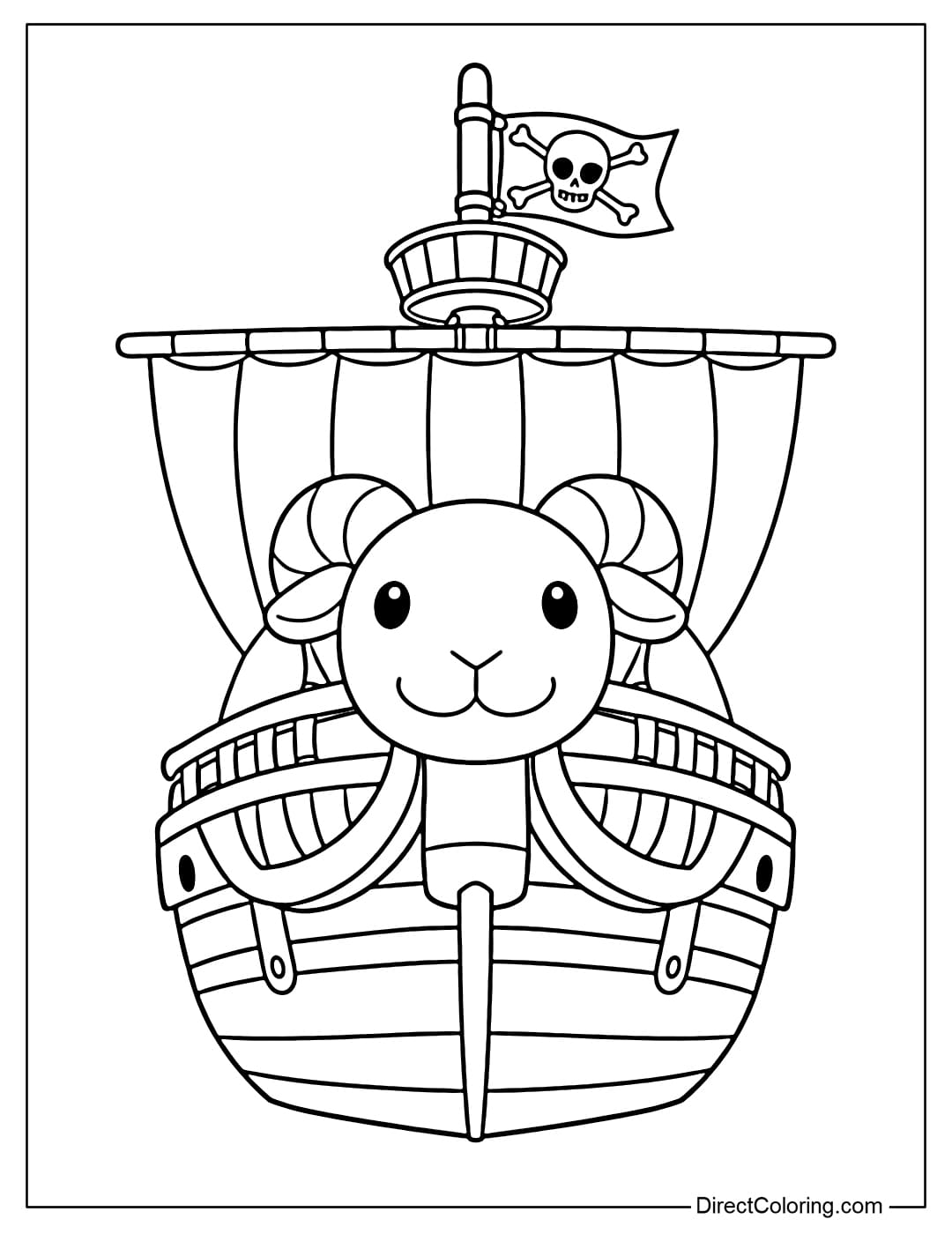 Going Merry viewed from the front, featuring its distinctive sheep-shaped bow, mast, and simply painted flag at the rear.