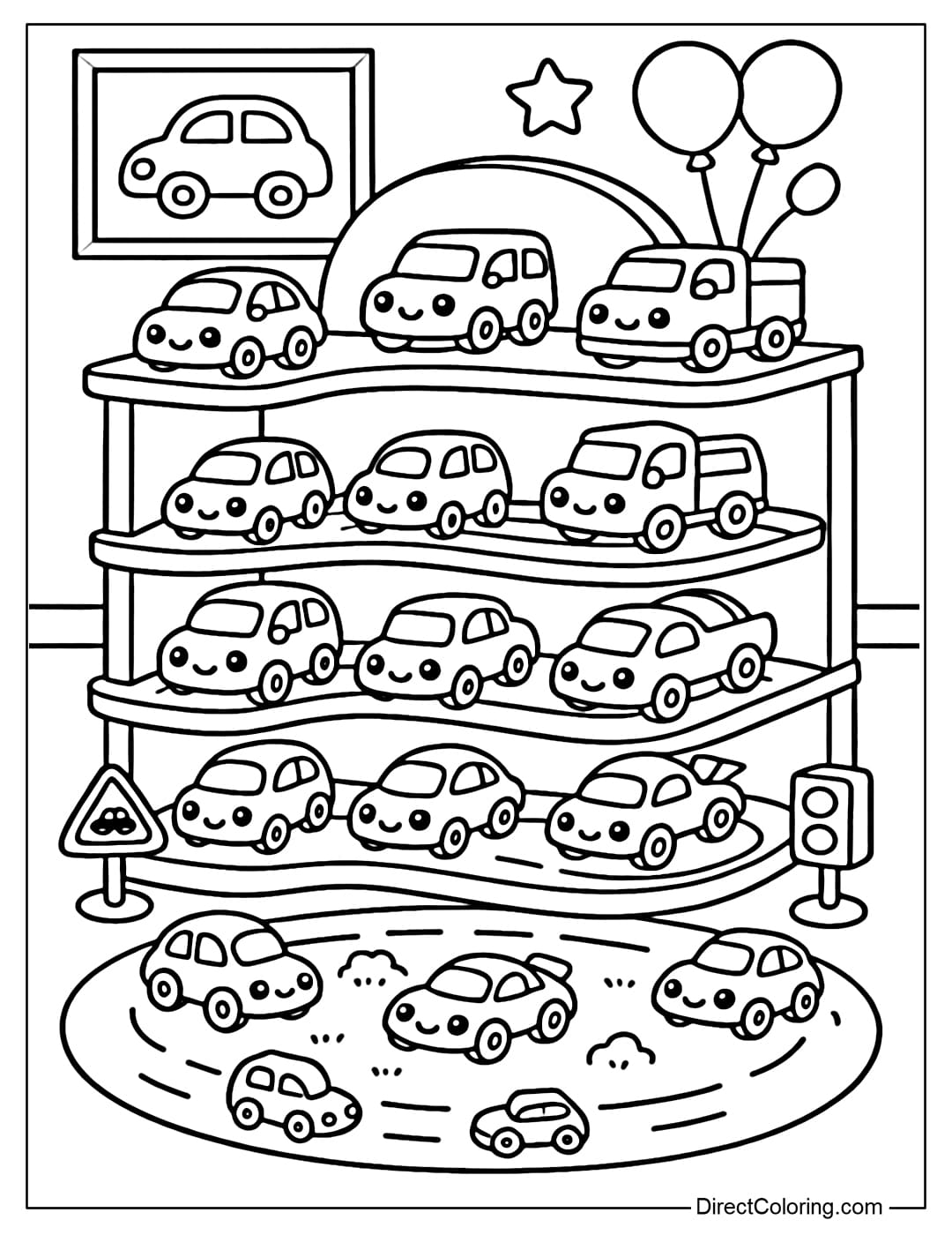Toy Car Shelf Coloring Page Coloring page for toy car shelves, minibuses, trucks, racing cars, with funny license plates.