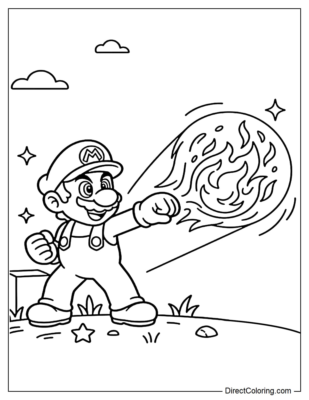 Fire Mario stands in a powerful pose and throws a large round fireball forward, with a few curved motion lines around him.