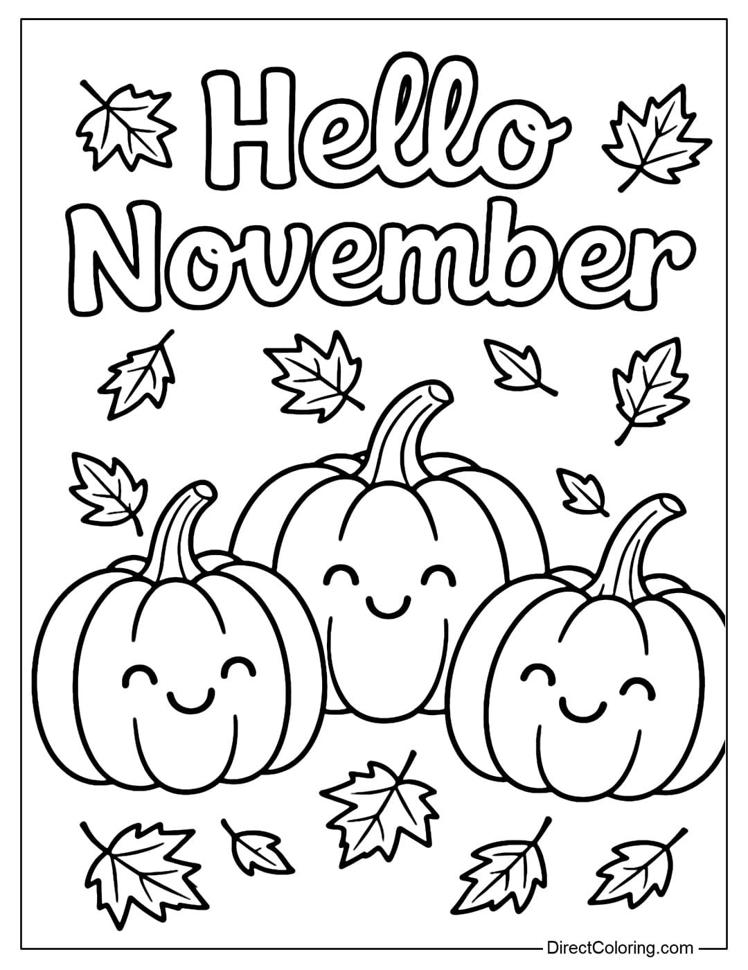 A coloring page with the word Hello November, with three pumpkins with cute smiley faces below the word.