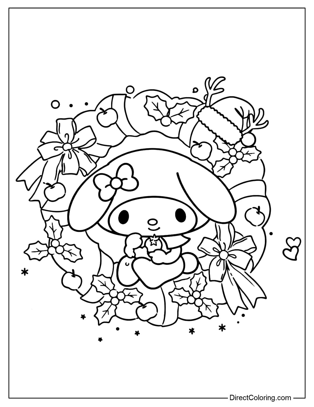 My Melody is sitting in the center of a Christmas wreath, decorated with holly leaves, apples, a big bow, and a small Santa hat.