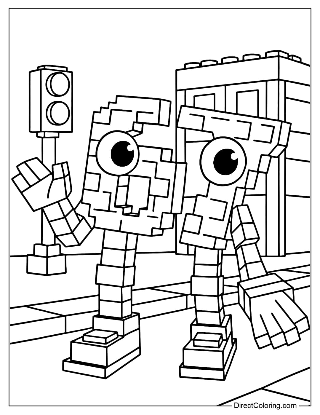 Coloring page 67 Brainrot stands on a Lego street, behind a LEGO building and a Lego traffic light.