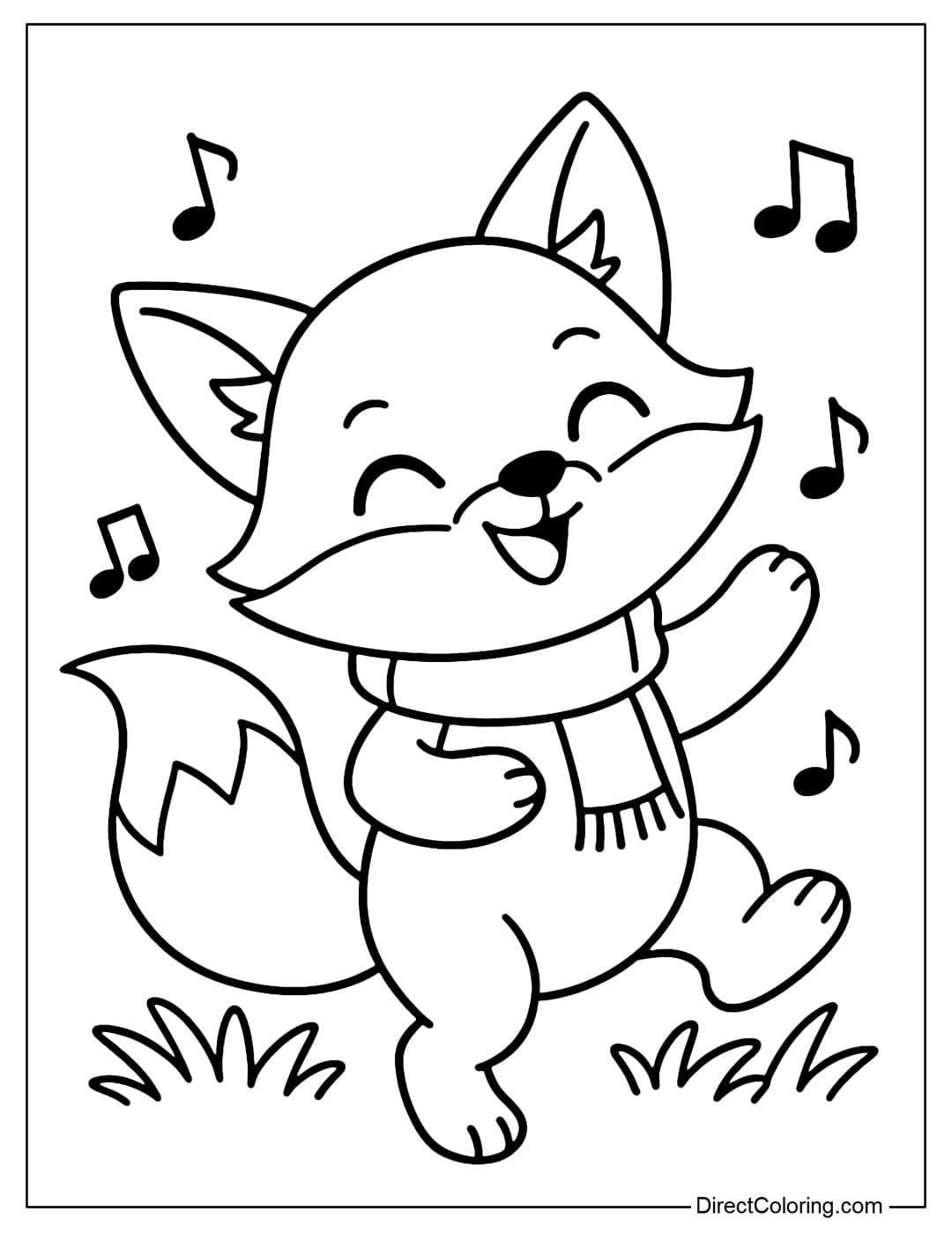 Coloring page of a dancing little fox with a scarf, its ears erect, its tail spread wide, and a few musical notes floating around it.
