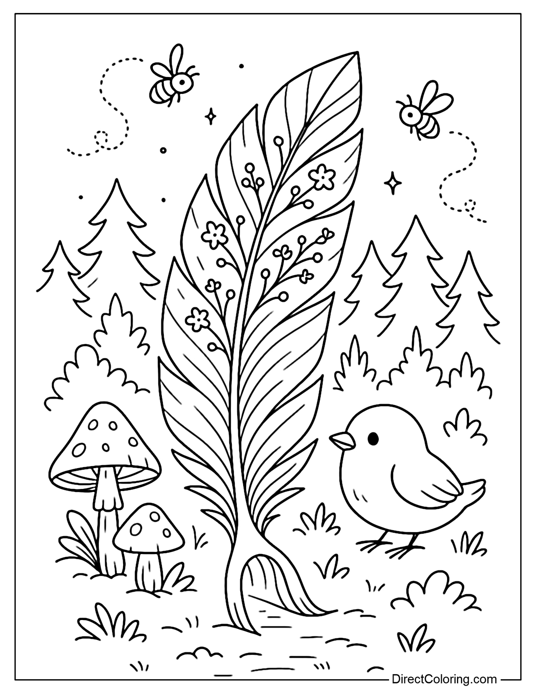 Coloring page of a fallen feather in the middle of the forest, with mushrooms and baby birds beside it. On the body of the feather grow tiny glowing flowers, the base of the feather is curved like a small gate leading to a tiny world.