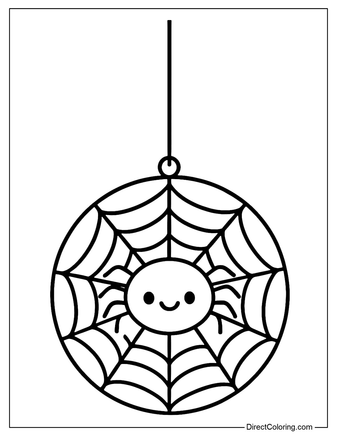 Halloween hanging decoration coloring page with a round spider web, in the middle is a funny smiling spider.