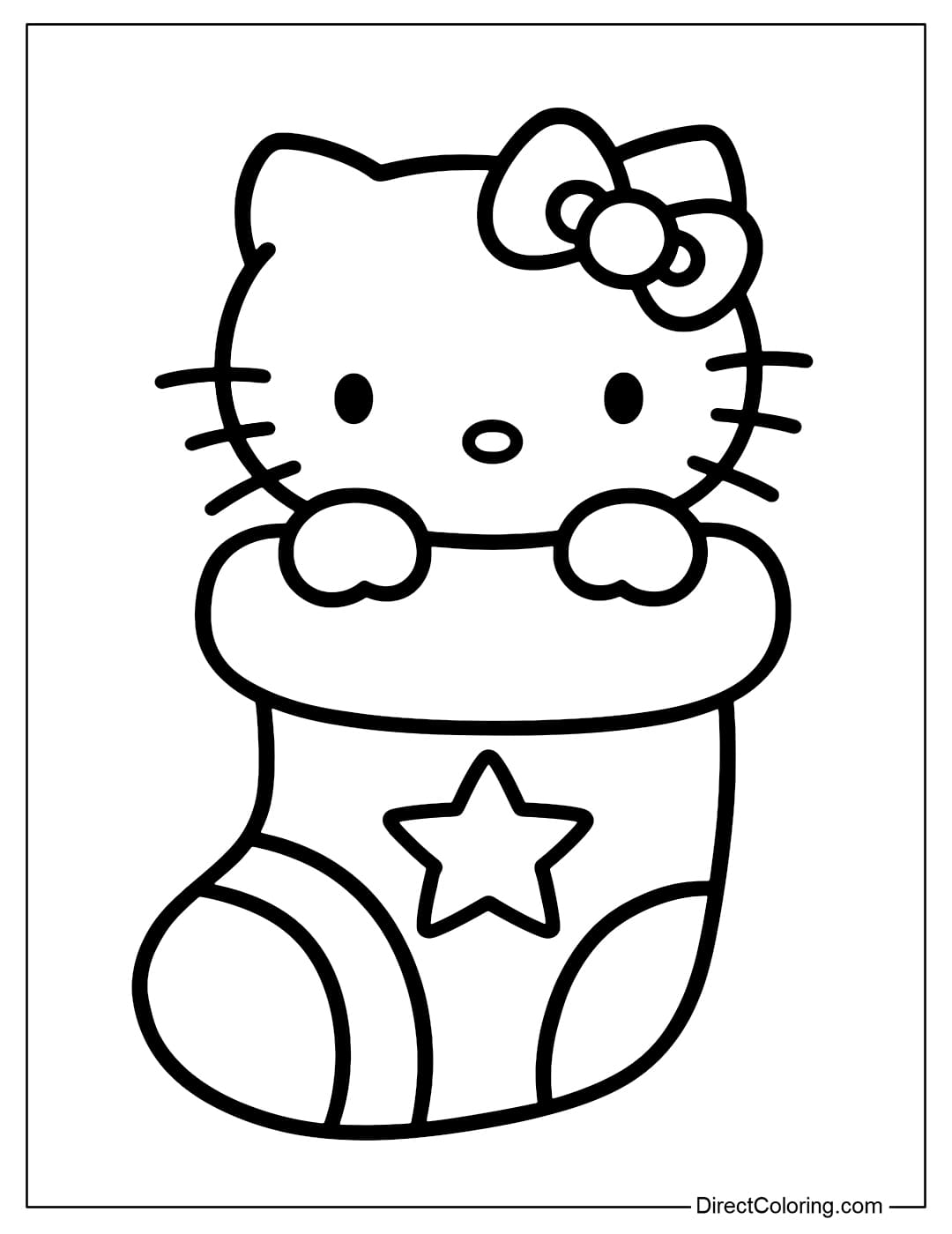 Hello Kitty coloring page sitting inside a Christmas stocking, sticking her head out with a cute expression, her hands resting on the edge of the stocking.