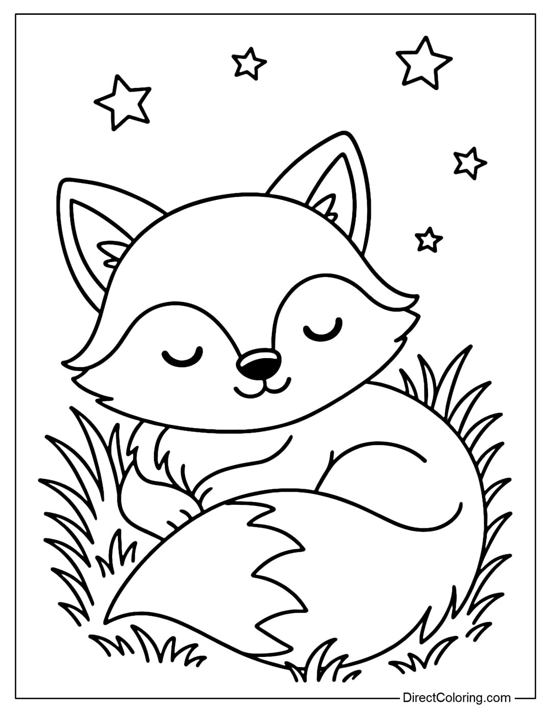 Coloring page of a cartoon fox curled up and sleeping soundly in the grass, with a big, fluffy tail wrapped around its body and a few stars floating above.