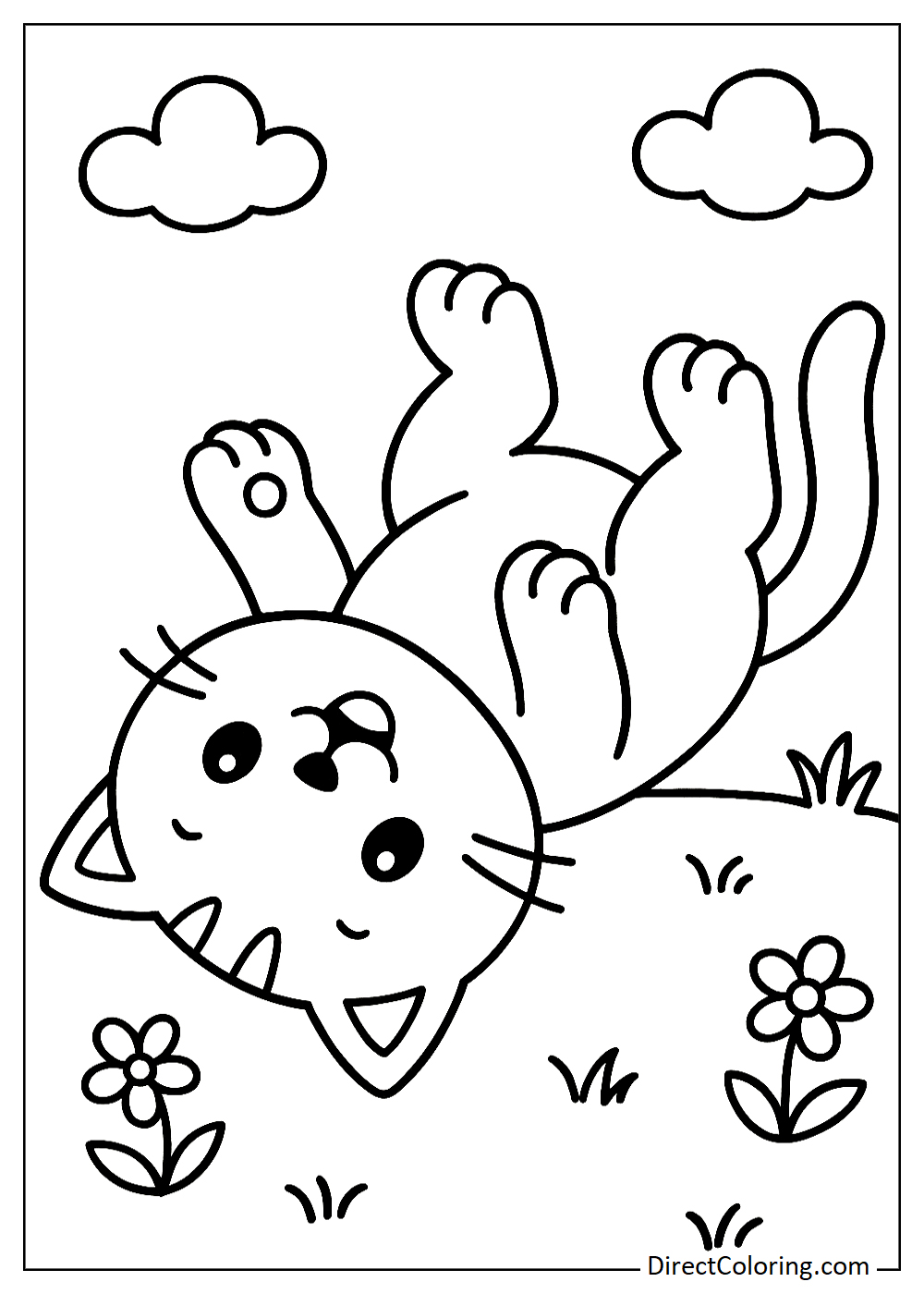 Cat playing while lying on its back coloring page