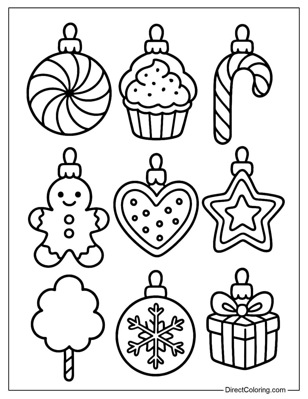 Coloring page for set of 9 baubles in round candy shape, cupcake shape, lollipop shape, gingerbread shape, heart shape, cookie star shape, cotton candy shape, round cookie shape, gift box shape.