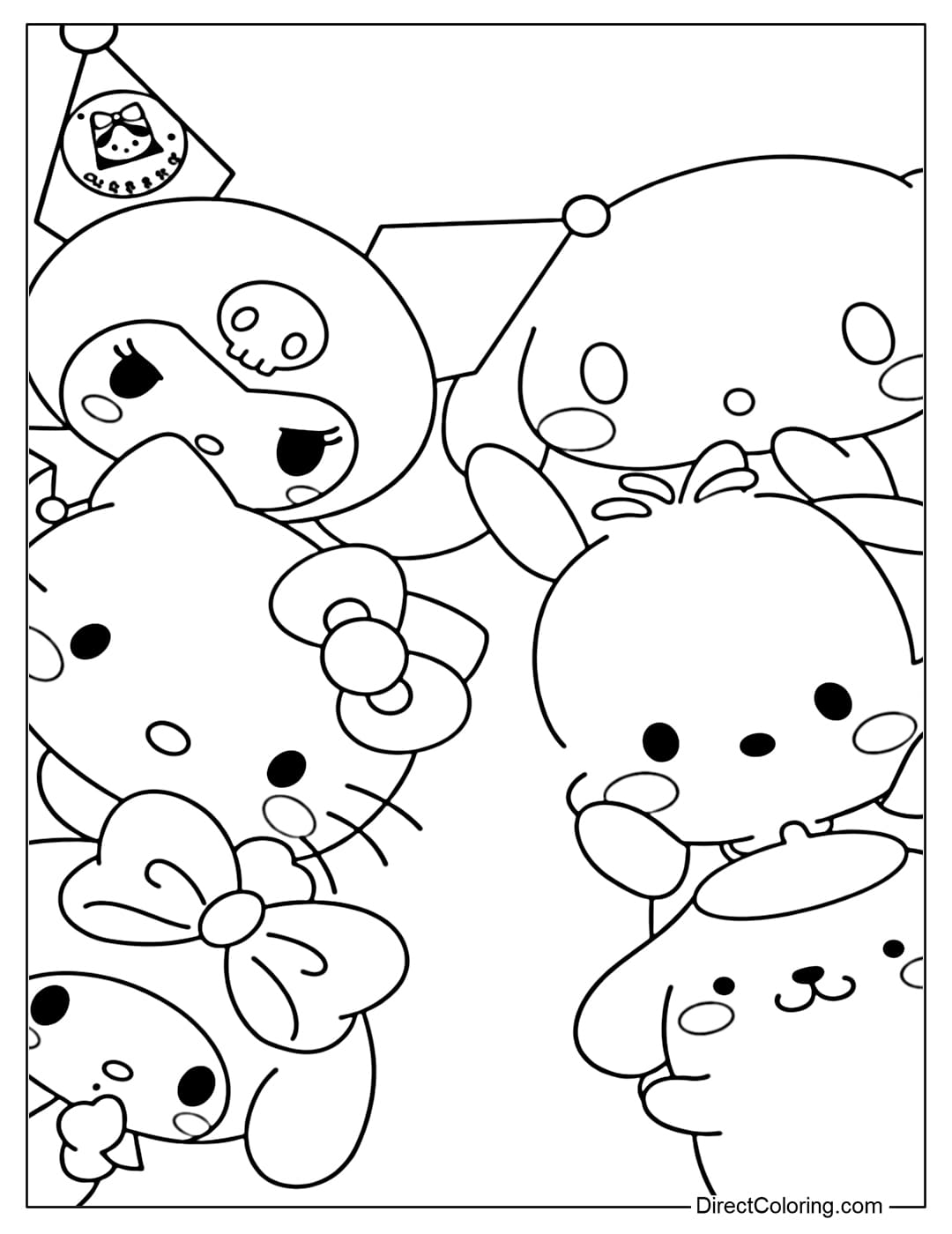 Coloring pages featuring Sanrio characters appearing together around the frame, as if playing peek-a-boo with the viewer.