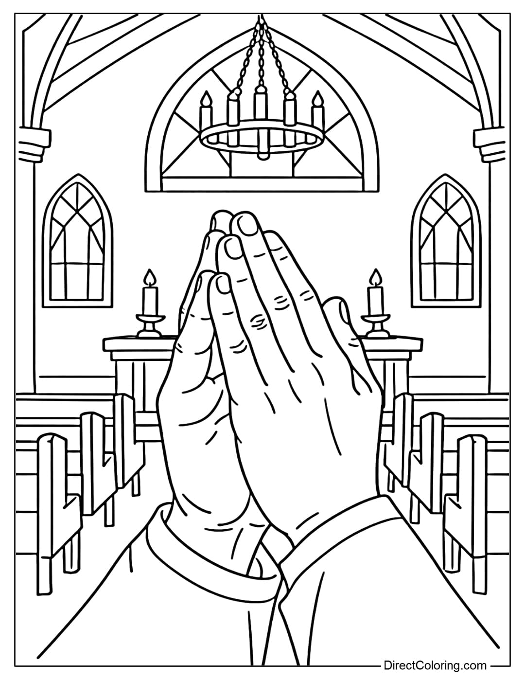 Coloring page of hands clasped in prayer inside a church.