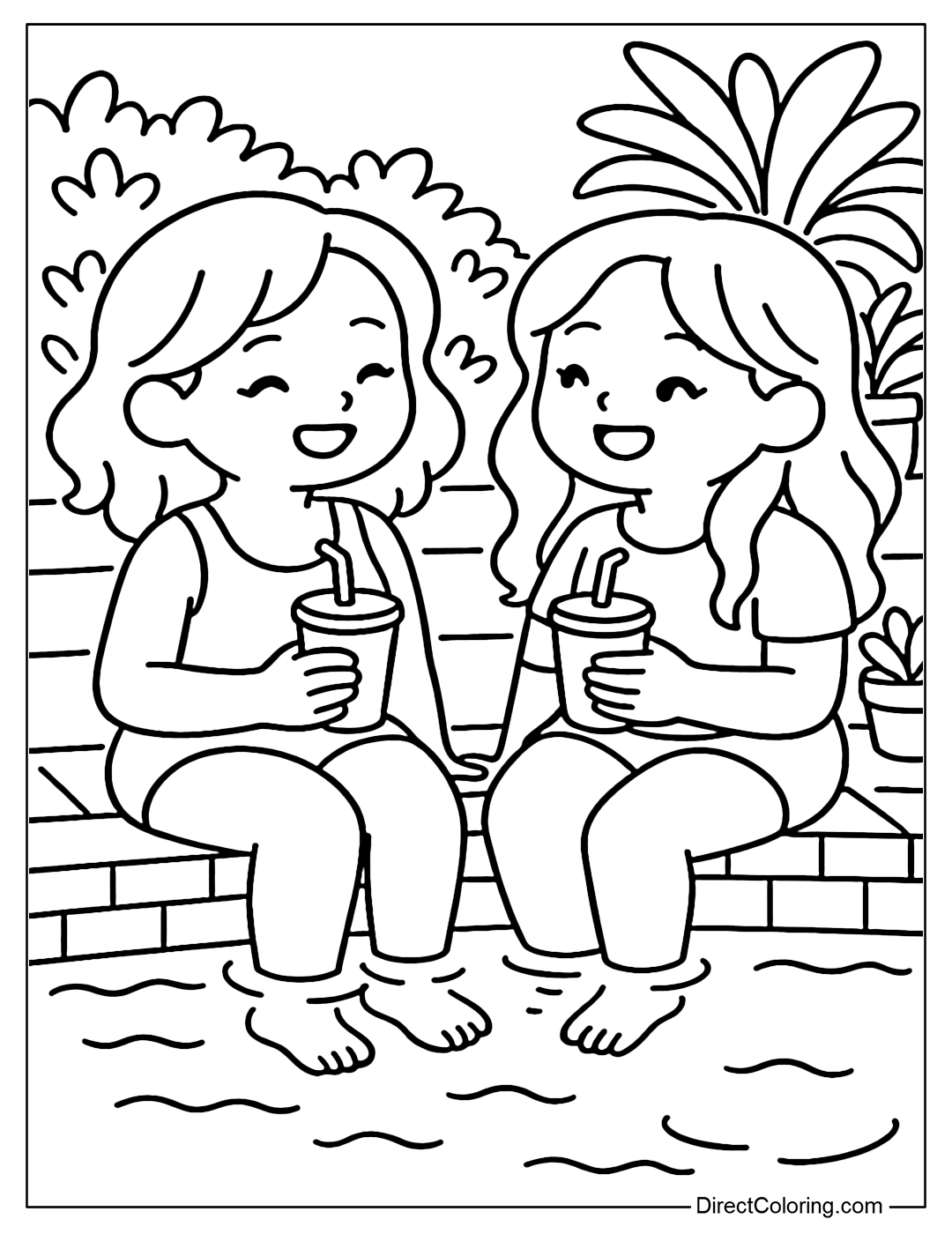 Coloring page of two grown-up girls sitting at the edge of the pool, feet in the water, drinking water and talking.