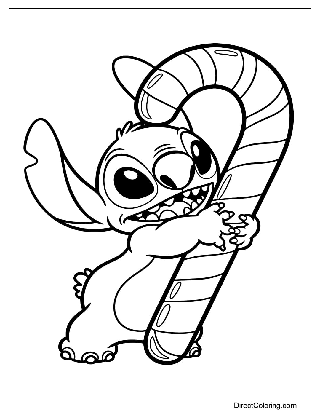 Coloring page Stitch standing holding a long peppermint candy cane.
