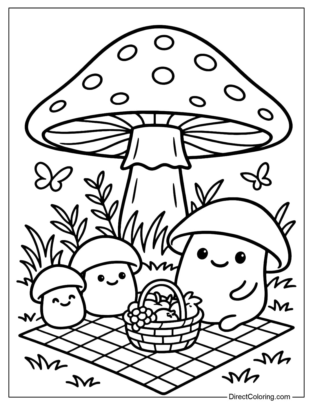 Summer Picnic Mushroom Coloring Page Coloring page of a mushroom family sitting on a picnic under a large mushroom, with a fruit basket and a blanket.