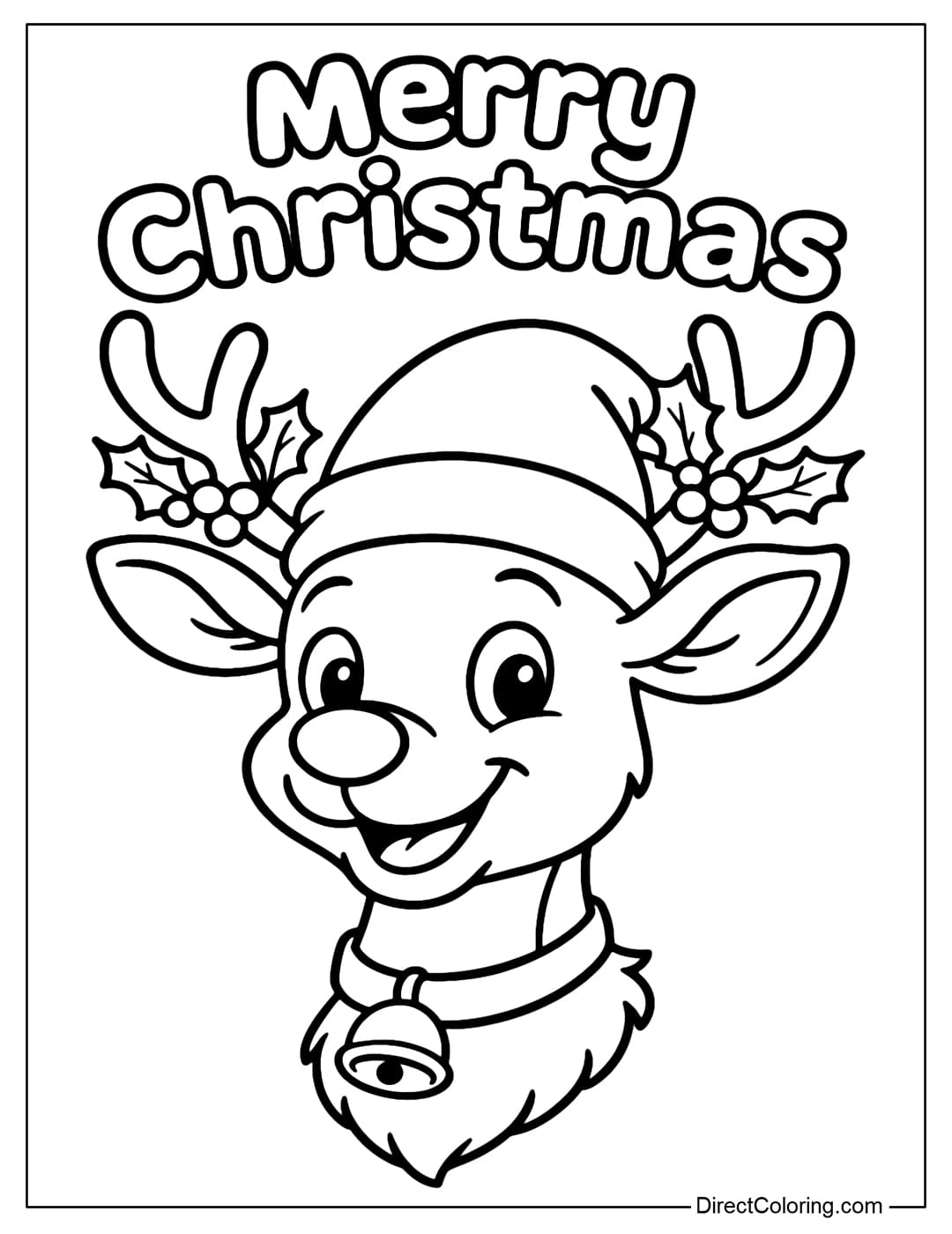 A red-nosed Rudolph coloring page, with only the head and neck drawn. Rudolph wears a Santa hat and a small bell ring.