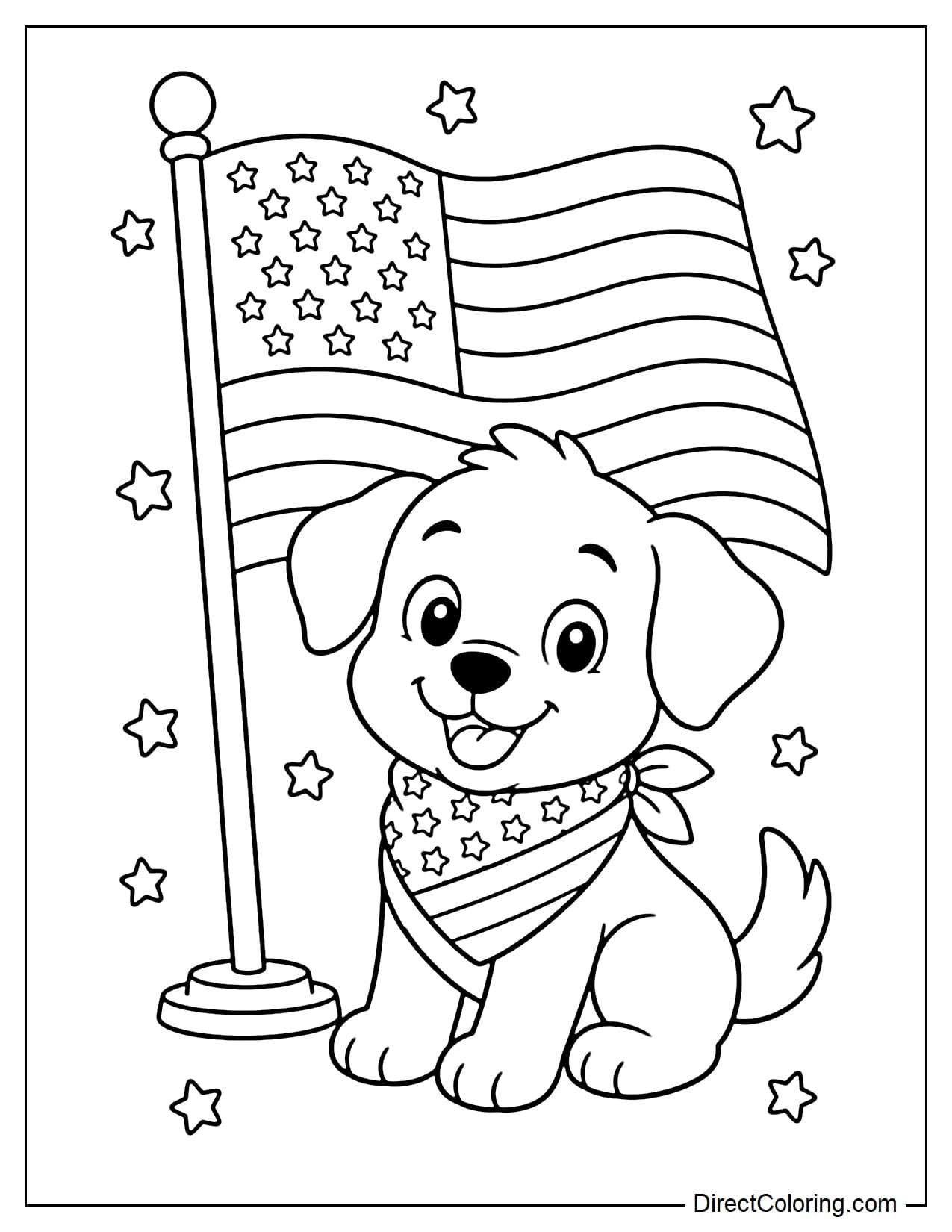 A cute puppy sits next to a large American flag, wearing a star-striped scarf, surrounded by a few stars.