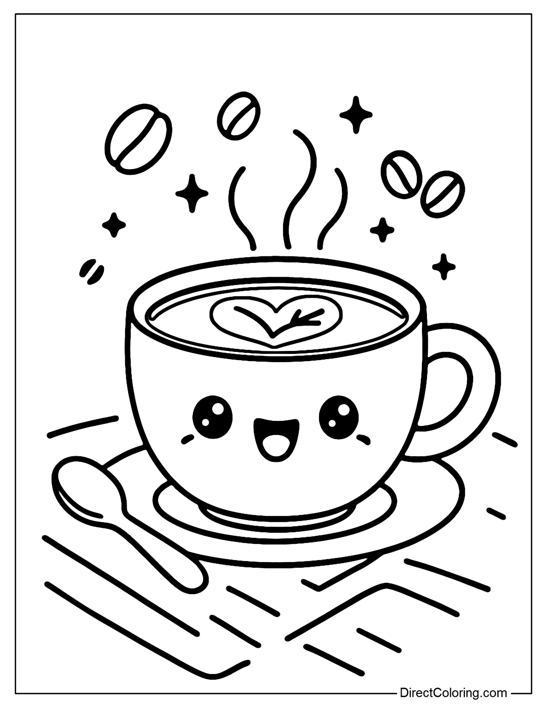 A tiny but energetic espresso cup coloring page, a lovely radiant face, next to it is a small spoon and coffee beans floating like stars.