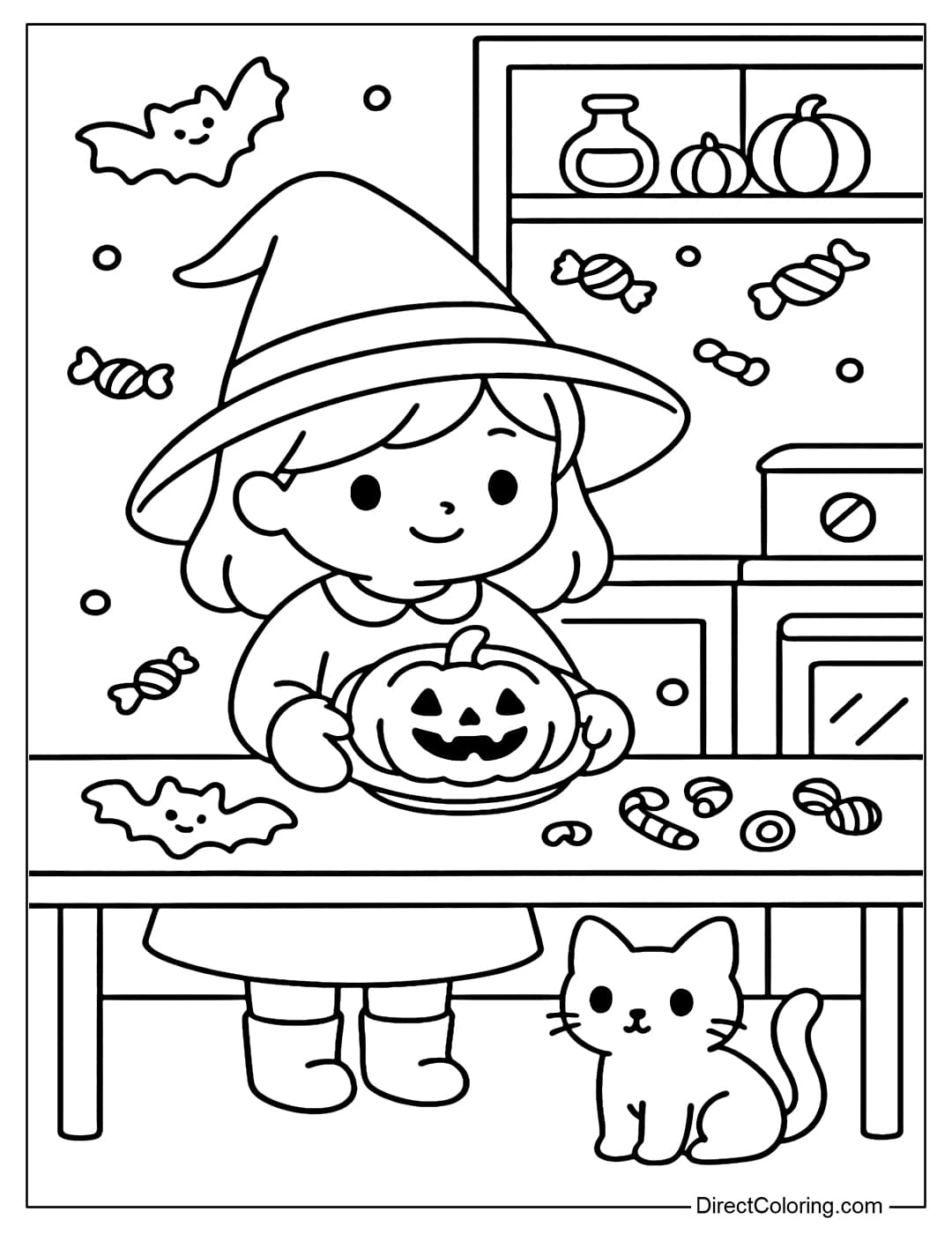 A coloring page of a little witch in a Halloween kitchen, baking pumpkin cakes, surrounded by bat-shaped cookies and candies, and a black cat.