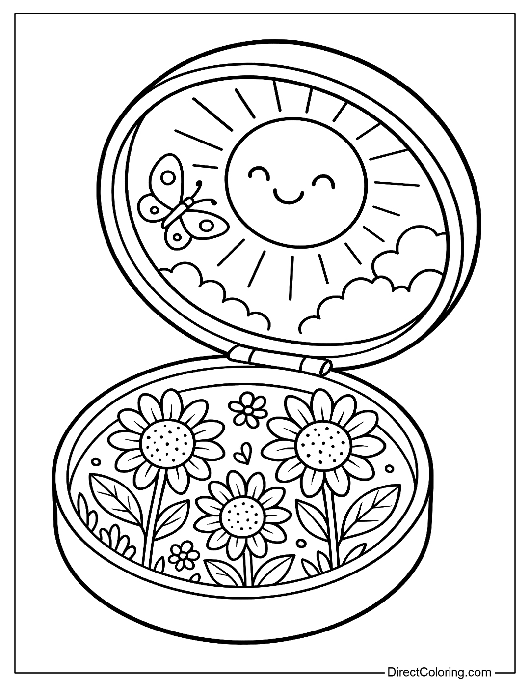 Coloring Page A round compact opens to a sunny garden with sunflowers, butterflies and a smiling sun