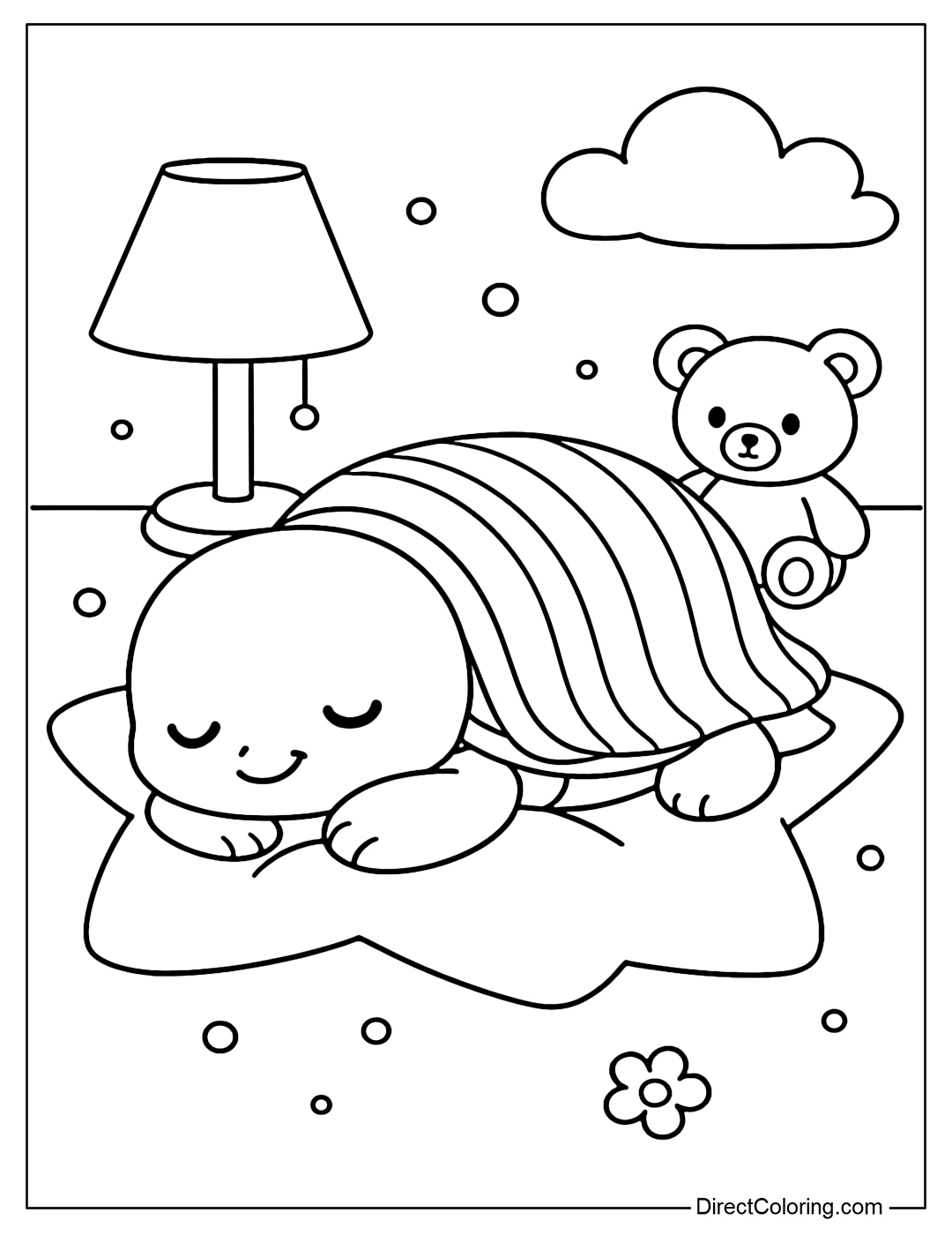 A coloring page of a turtle curled up sleeping on a soft star-shaped pillow, with a striped blanket covering its back, surrounded by a night light, stuffed animals and soft lighting.