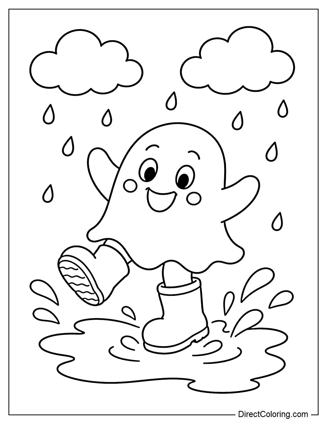 A playful ghost wearing large boots jumps into a puddle, with two big clouds and a few raindrops above.