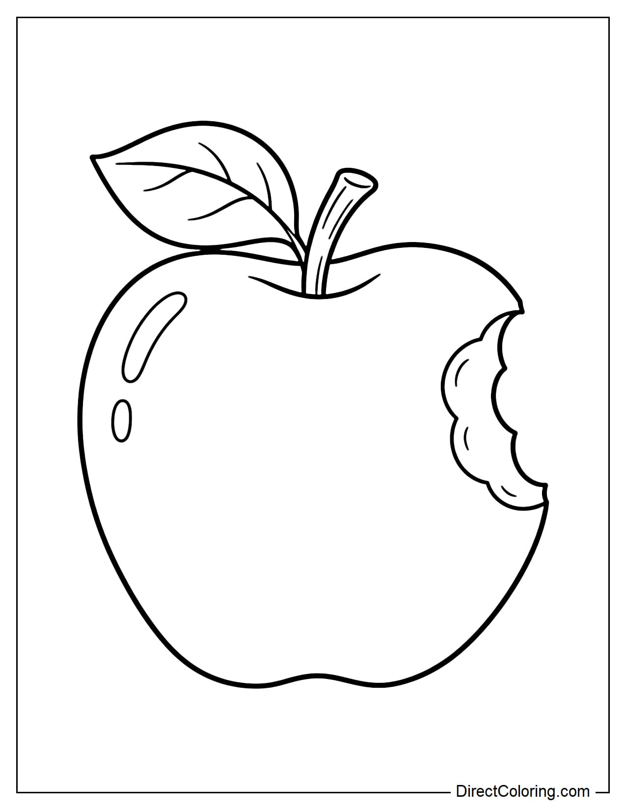 A large apple with a simple stem and leaf, with one big bite taken out of the side, leaving a clearly visible curved bite mark.