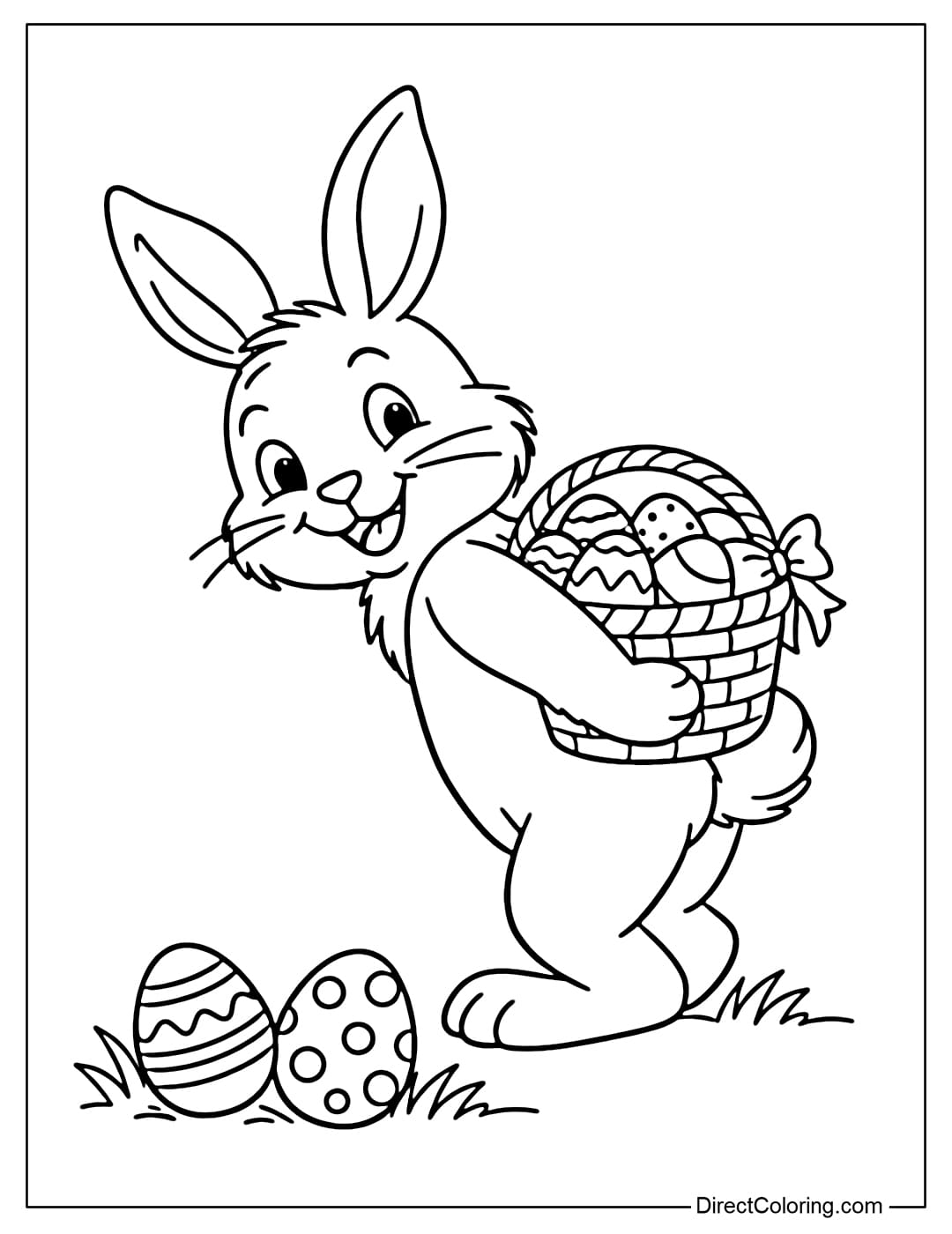 A coloring page of a mischievous Easter bunny secretly hiding an Easter basket full of eggs behind its back.