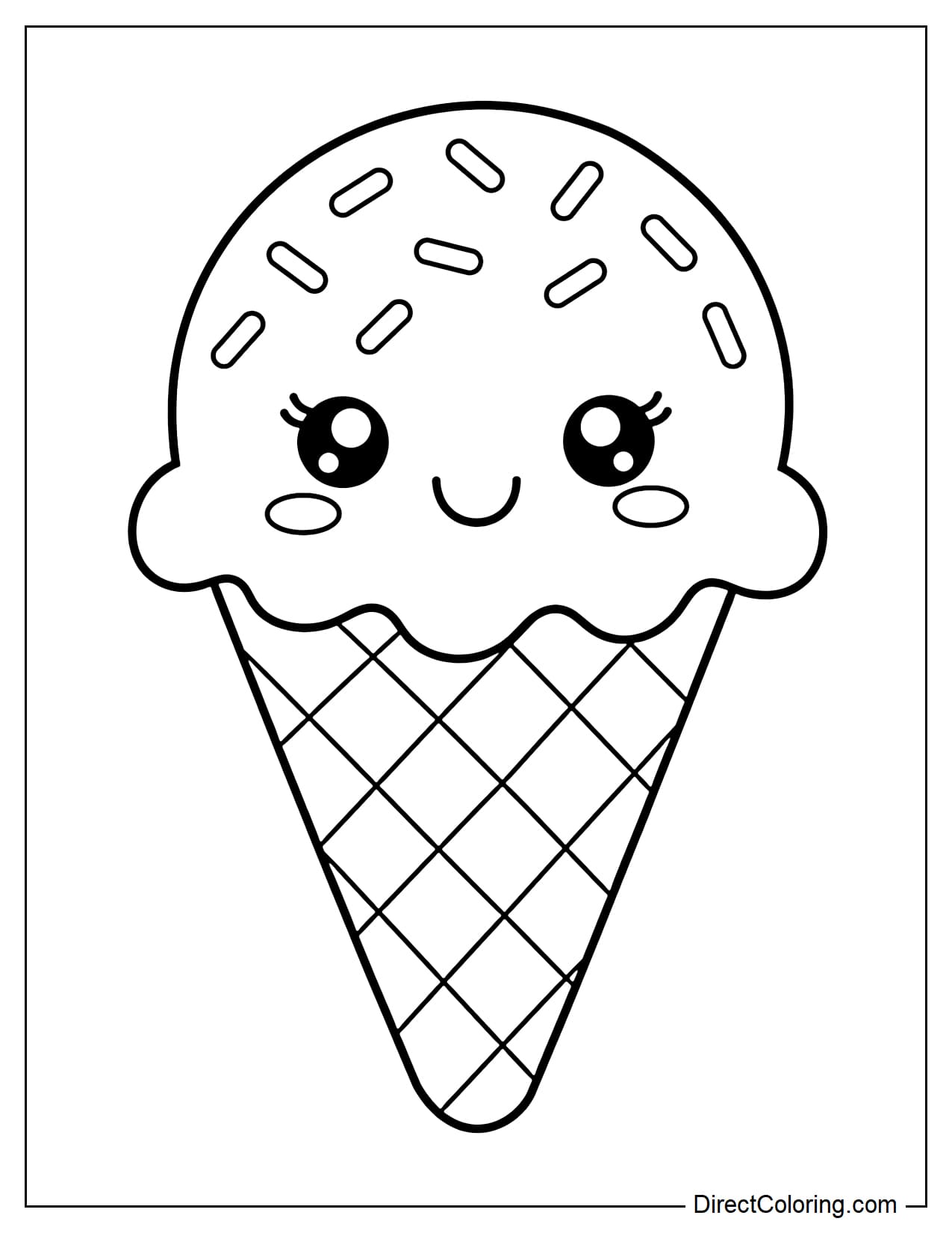 A large single-scoop ice cream cone with a few simple sprinkles and a cute smiley face.