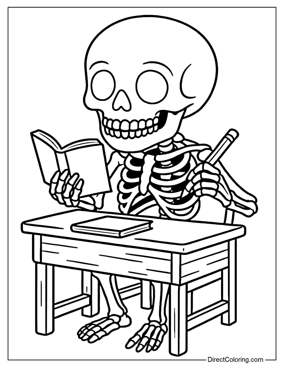 Coloring page of a student skeleton sitting on a desk, holding a book and a pencil, with a cute, studious expression.