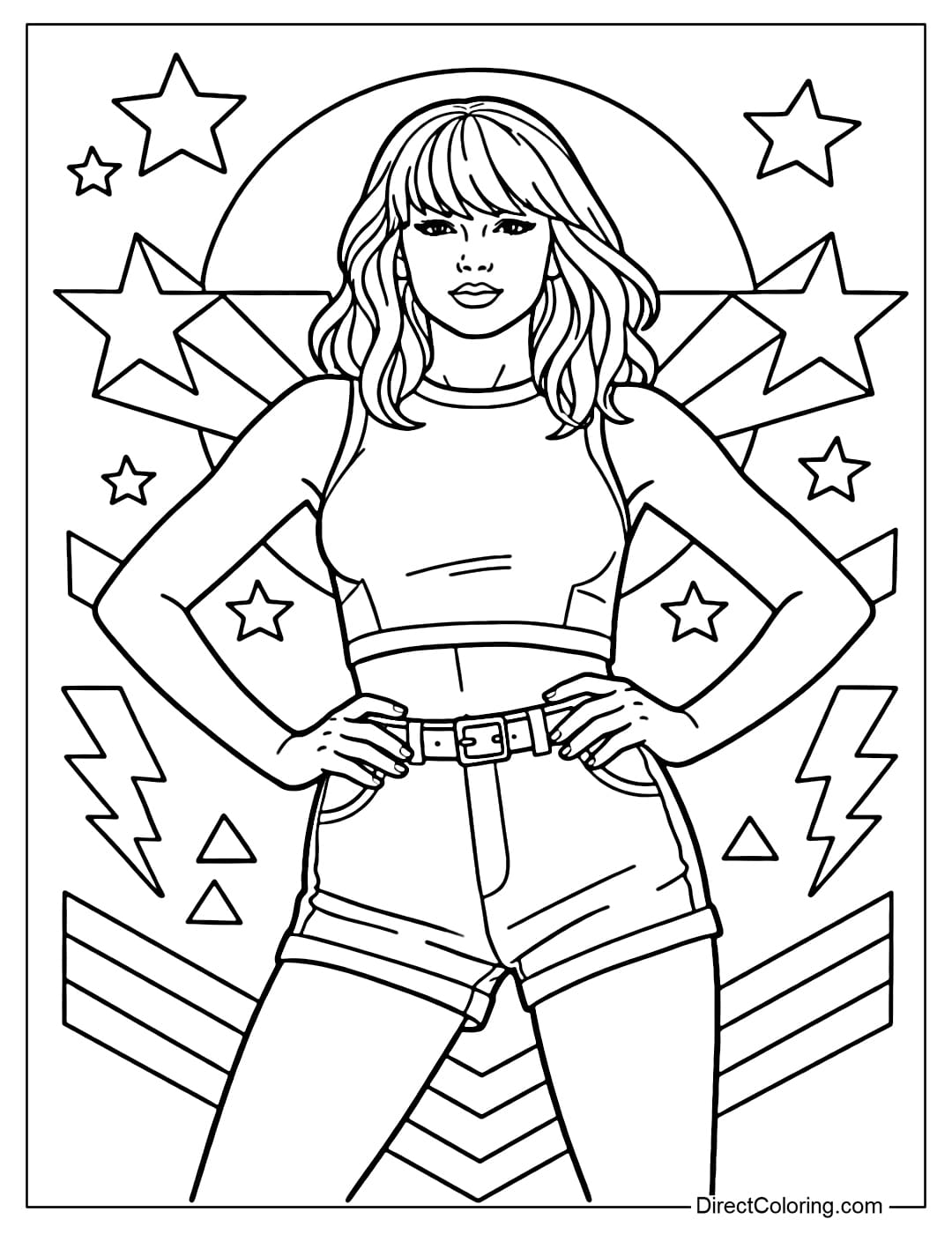 A coloring page of Taylor Swift with a strong stance, hands on hips, and a decisive expression.