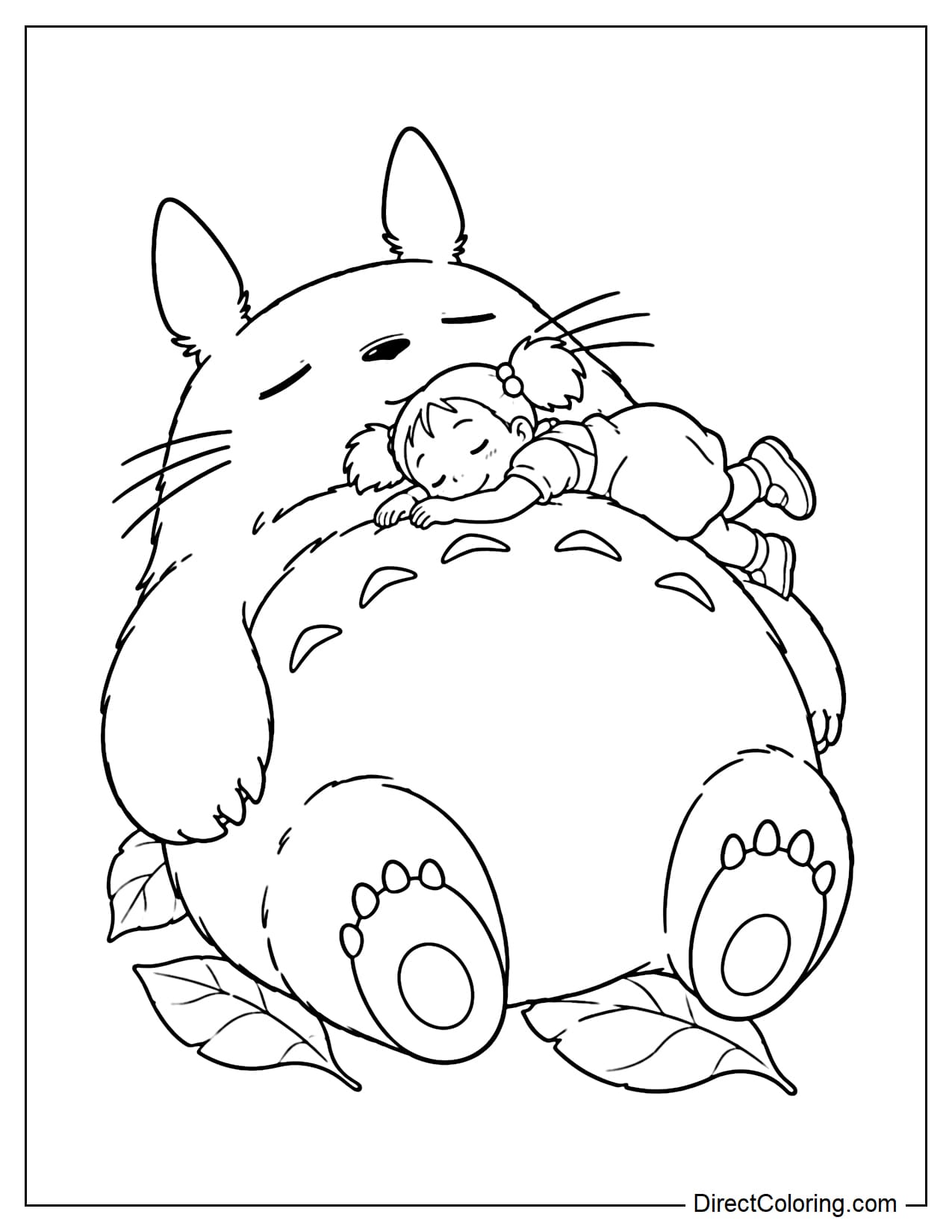 Totoro relaxes on the ground with his large round belly facing upward while Mei sleeps peacefully on her stomach across his belly.