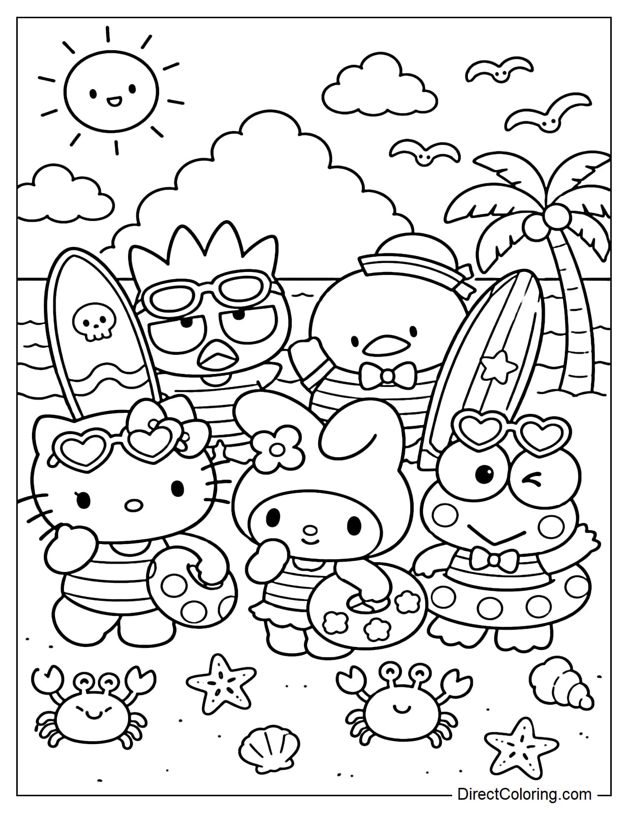 Sanrio characters Hello Kitty, My Melody, Keroppi, Badtz-Maru, and Tuxedosam are standing close together on a summer beach with cute inflatable floats and large surfboards. Around them are small crabs, starfish, soft clouds, and some flying birds.