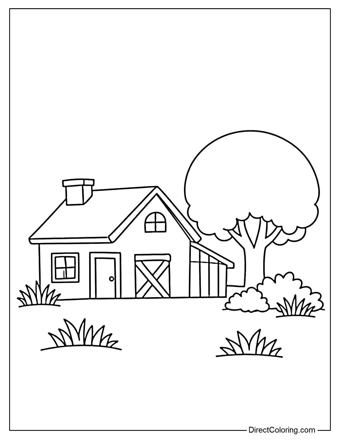 A coloring page of a small farmhouse next to a simple round tree and a few bushes.