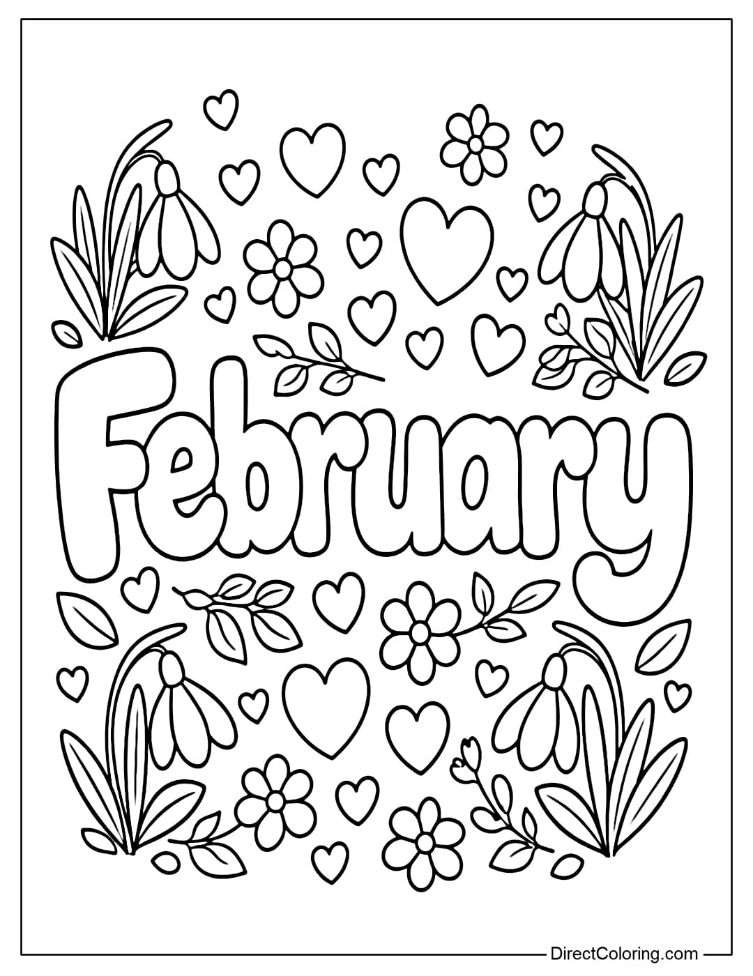 Coloring page of the word February in large letters, decorated with small hearts, early spring flowers, and young leaves inside and around the letters.