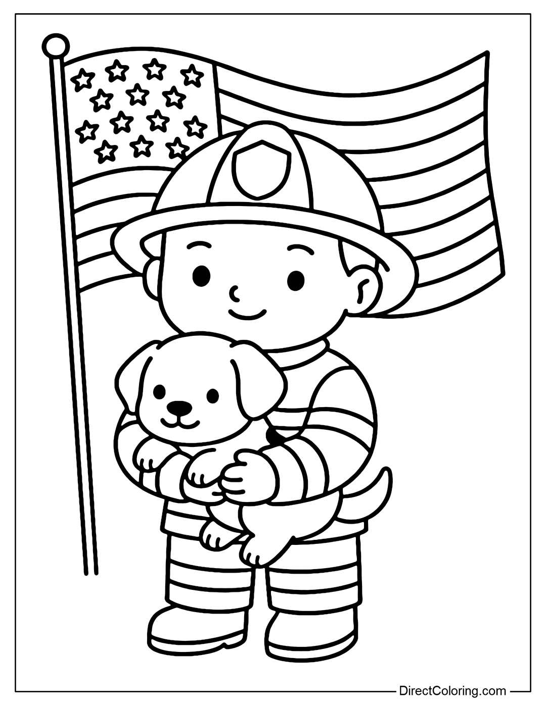 Coloring page of a cute firefighter, wearing a uniform, holding a rescue dog, behind is the fluttering American flag.