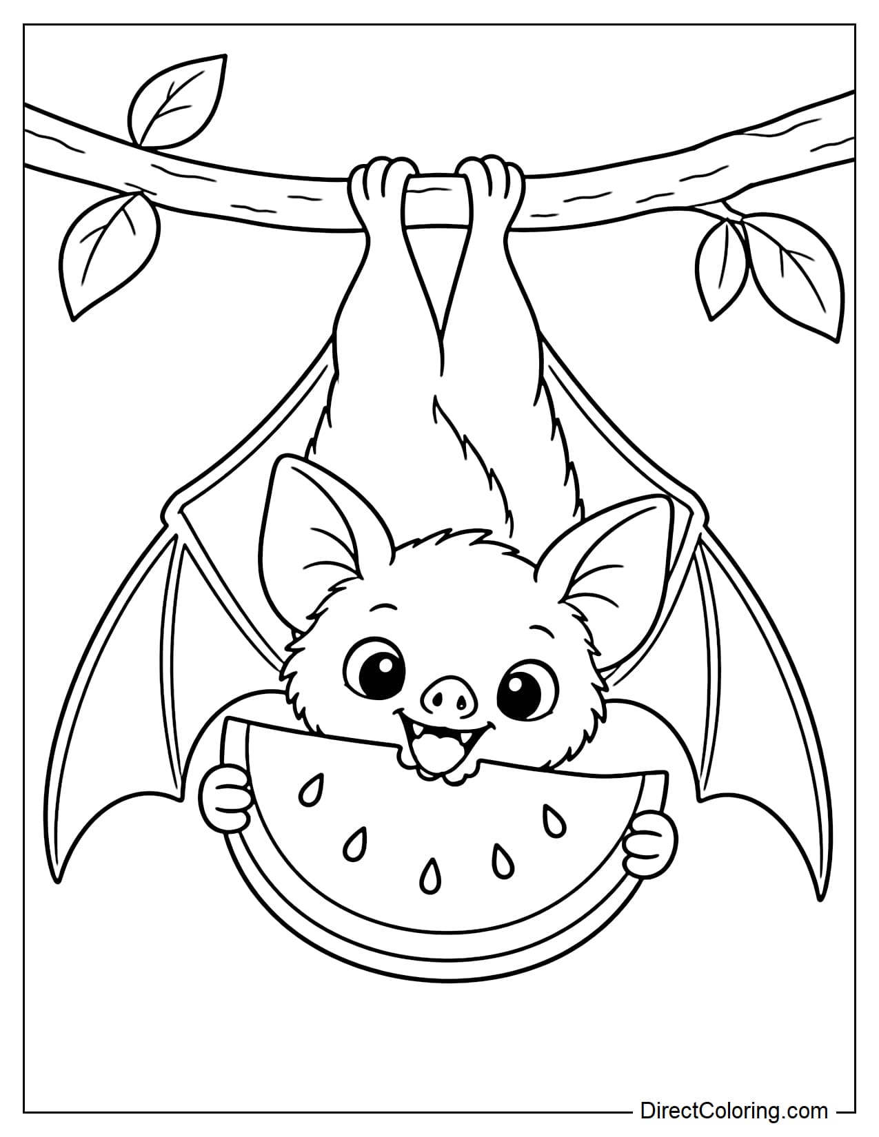 A cute fruit bat hangs upside down from a branch, holding a large watermelon slice with its feet and leaning down to take a bite.