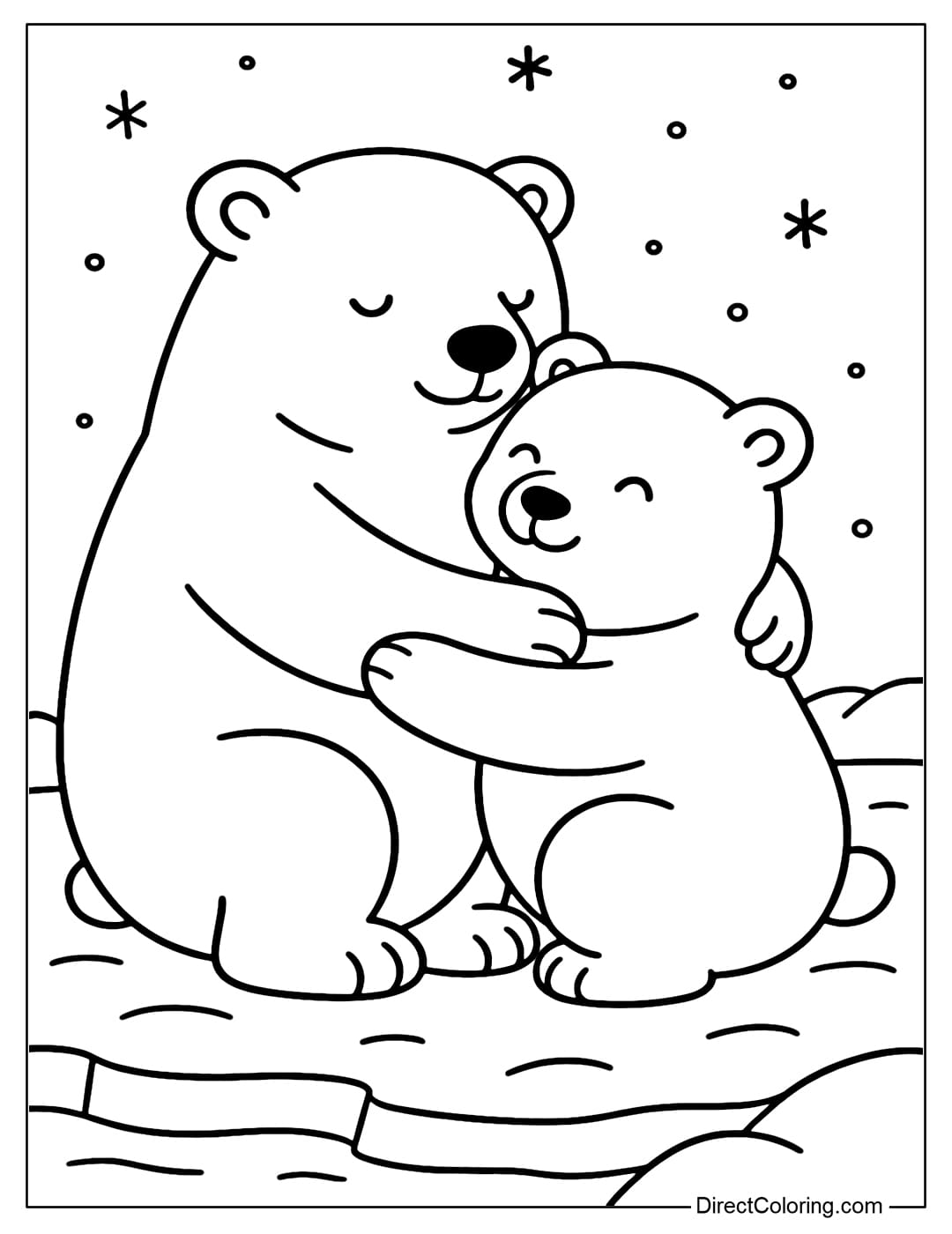 Coloring page of two polar bears hugging each other in the snow.