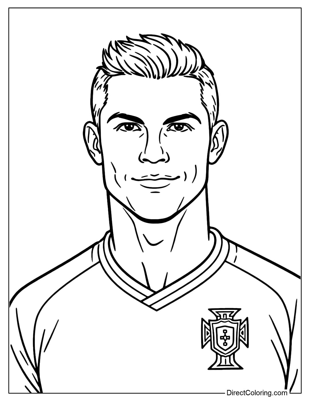 Coloring page of Cristiano Ronaldo with a gentle smile, friendly style.